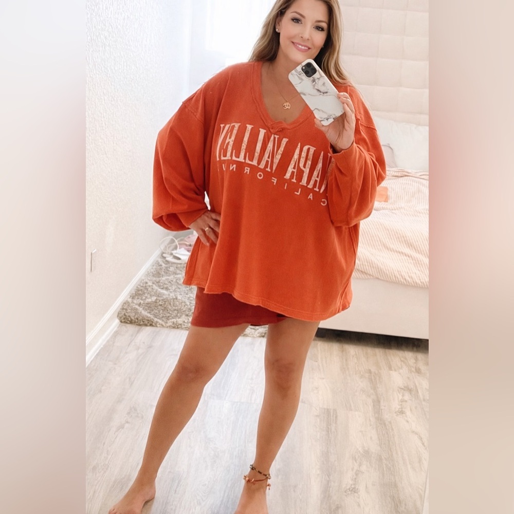 Free People Venice V-Neck Sweatshirt Napa Valley In Rust Sienna Combo Sz L NWT